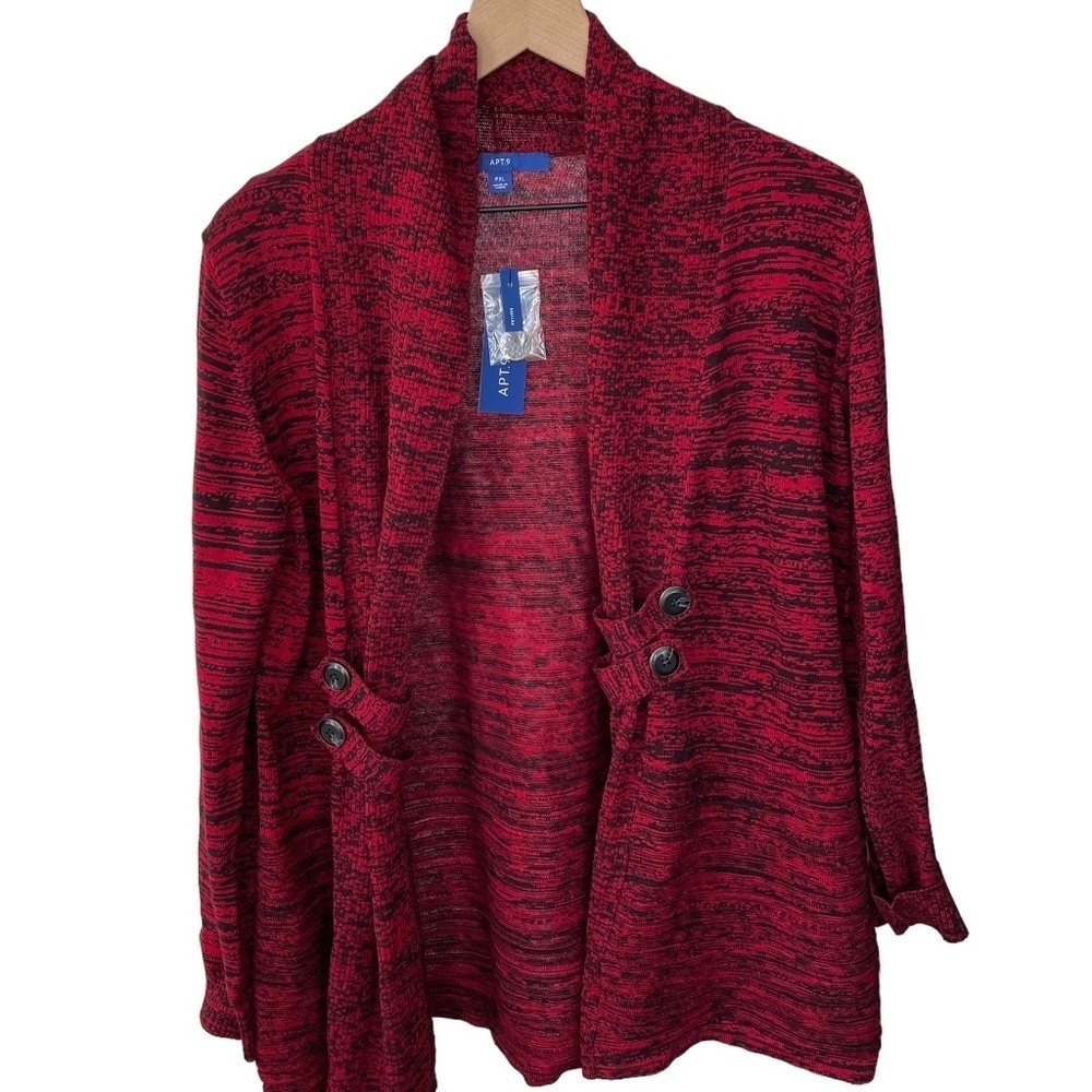 NWT Apt. 9 Knit Cardigan Open Front Black and Red Casual Petite Comfy Cozy New